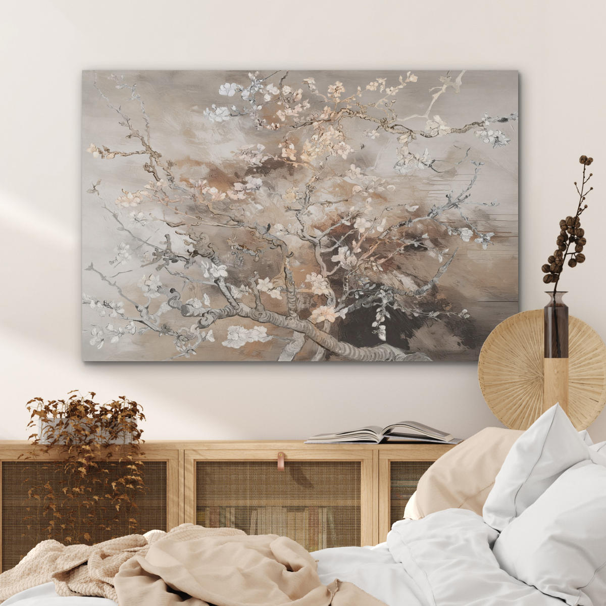 AKUSTIKPANEEL Mandelblüte - Kunst - Van Gogh - Beige - Abstrakt 100x70 cm - Braun, Textil (100/0.9cm) - MuchoWow