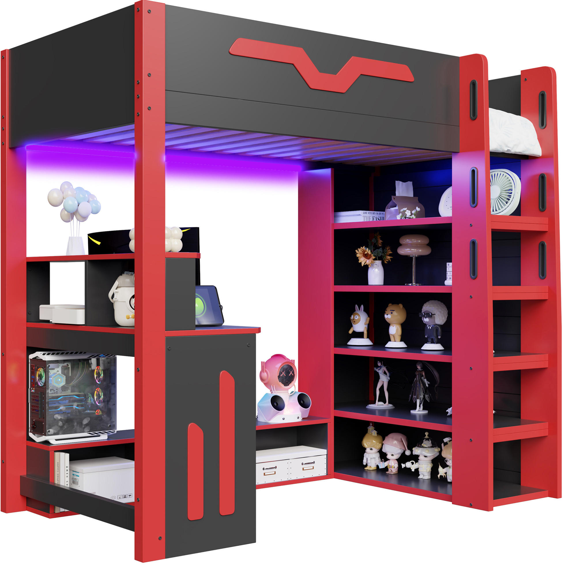 HOCHBETT 90/200 cm Schwarz/Rot mit Schreibtisch und LED-Beleuchtung - Schwarz, Holz (90/200cm) - MIVRAY