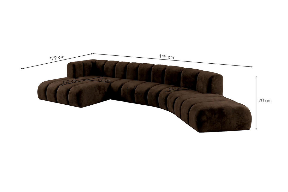 ECKSOFA Modulares In L-Form, Velvet-Stoff Riviera, Schokolade, Links, GRAND Round - Braun, Holz (445/179cm) - Kaiser Möbel