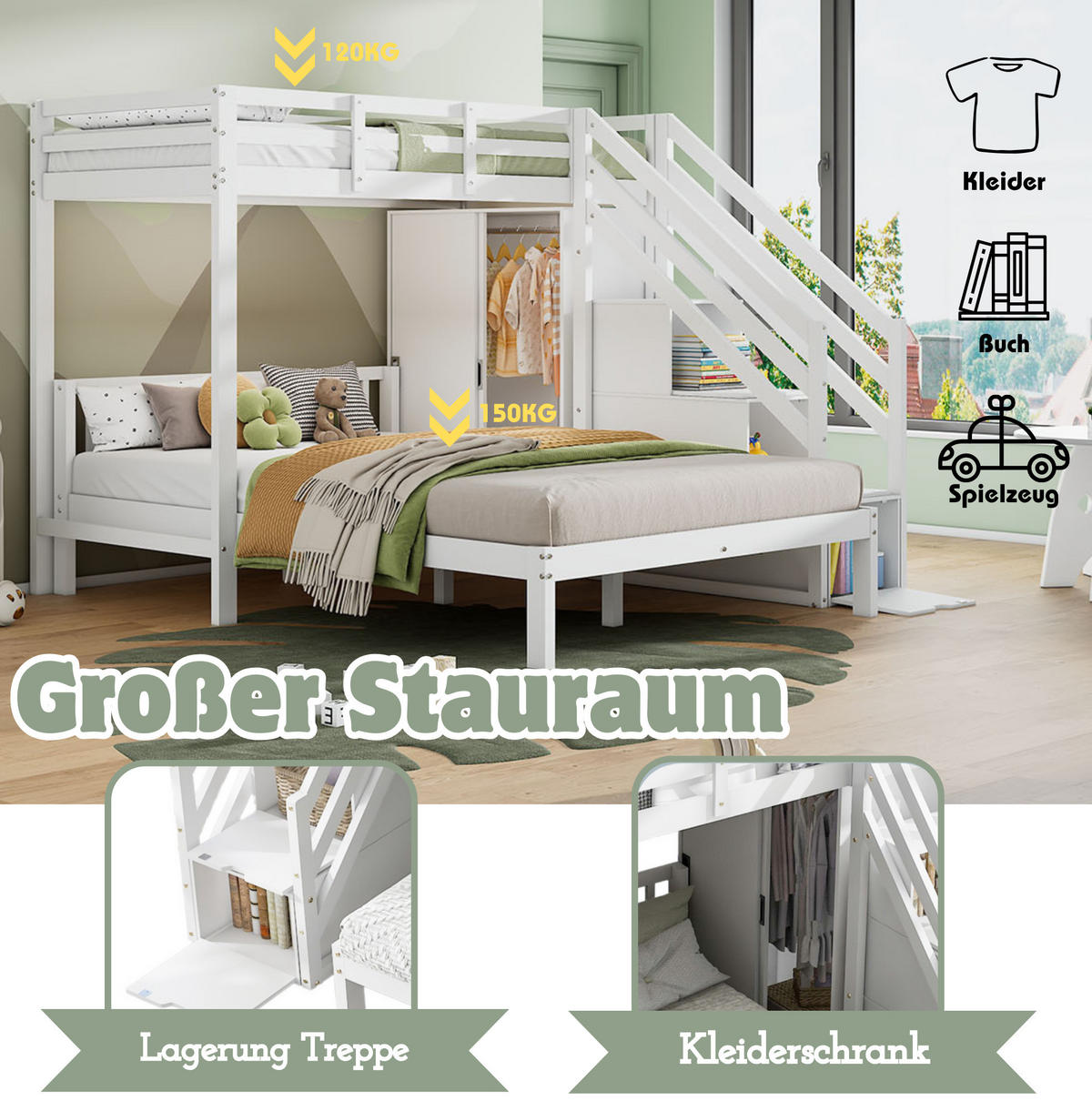 ETAGENBETT 90/200 cm + 140/200 cm in Weiß mit Kleiderschrank und Stauraumtreppe - Weiß, Holz (90/200cm) - Flora Grace