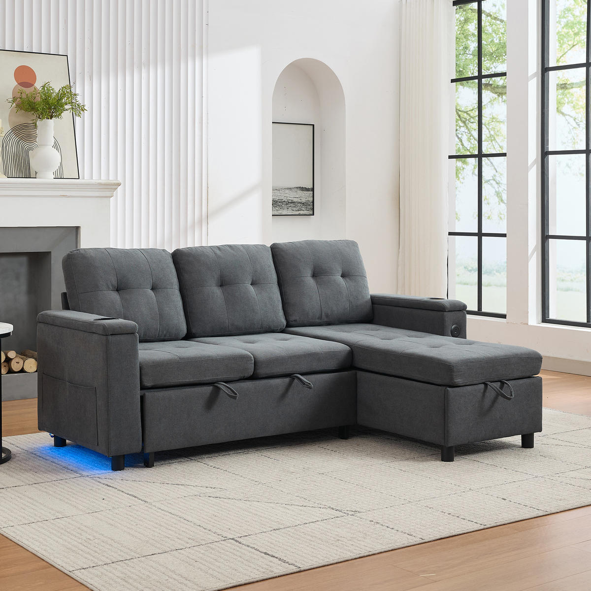 ECKSOFA L-Form Schlafsofa Stauraum LED 3-Sitzer Grau 208cm - Grau, Textil (208/146cm) - FLIEKS