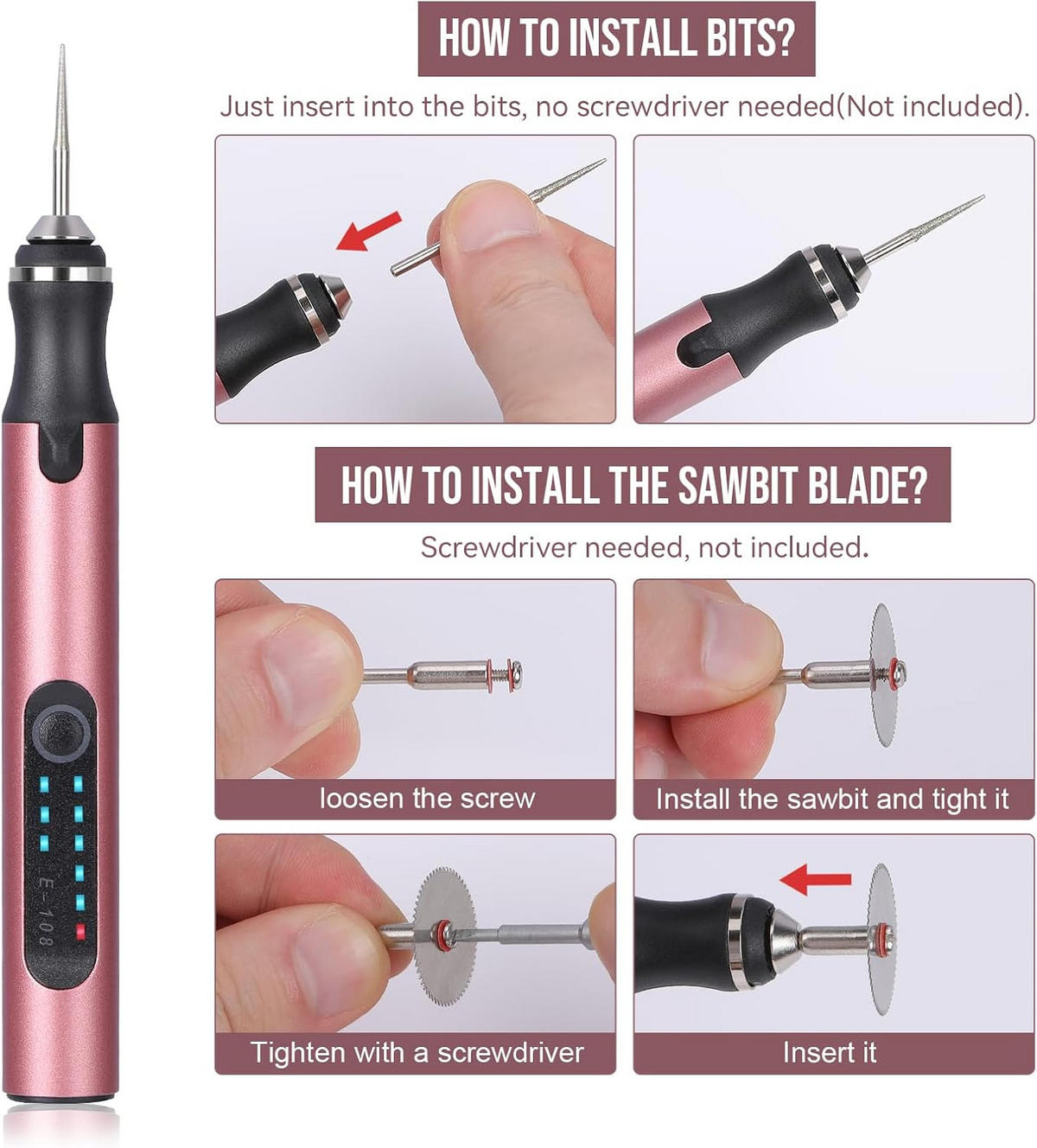GRAVIERSTIFT – USB-wiederaufladbares Gravierwerkzeug-Set – Enthält 37 Spitzen und 5 Muster (Roségold) - Rot, Metall (21/14/4cm)