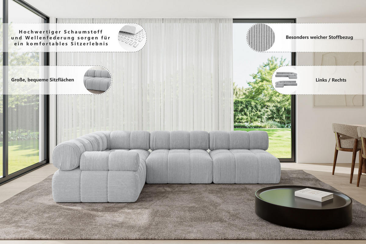 ECKSOFA modulares Sofa Mende-L2 - 285x190x70 cm Apricot Velours - Koralle, Holzwerkstoff/Textil (285/190cm) - ALTDECOR