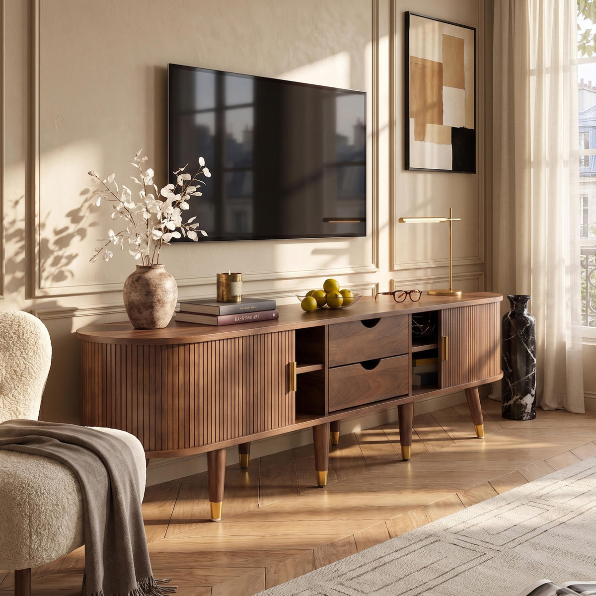 TV-ELEMENT mit Stauraum, 2 Schubladen und 2 Türen, Wohnzimmermöbel, Landhausstil - Braun, Holz/Holzwerkstoff (38/45/175cm) - GENKI LIVING
