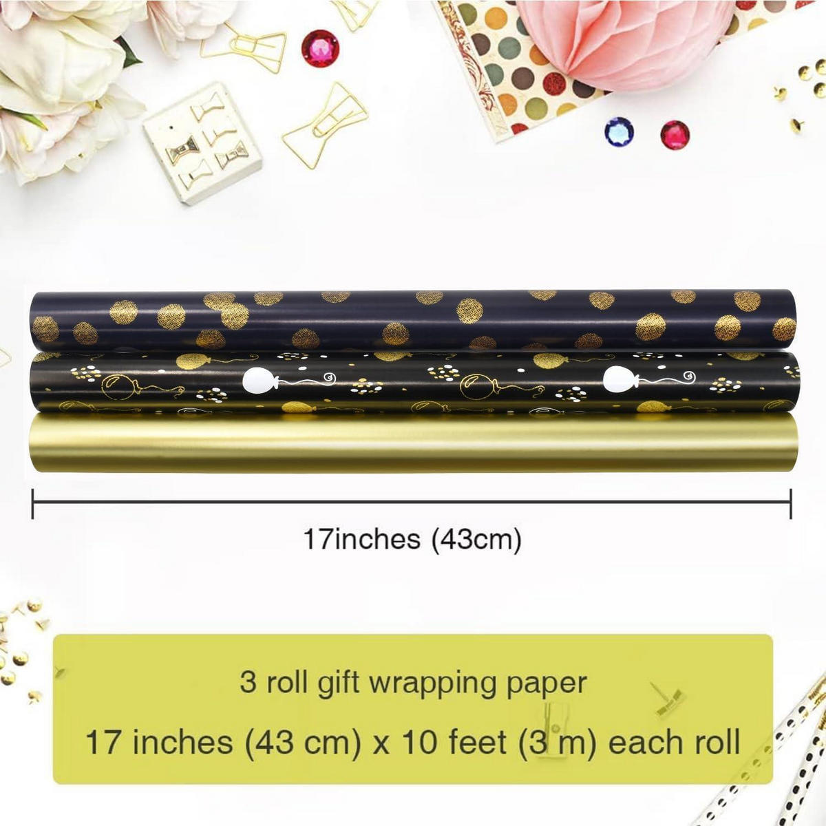 GESCHENKPAPIER 3 Rollen 43 x 305 cm metallisch glänzend - Multicolor, Papier (43/0.1/300cm)