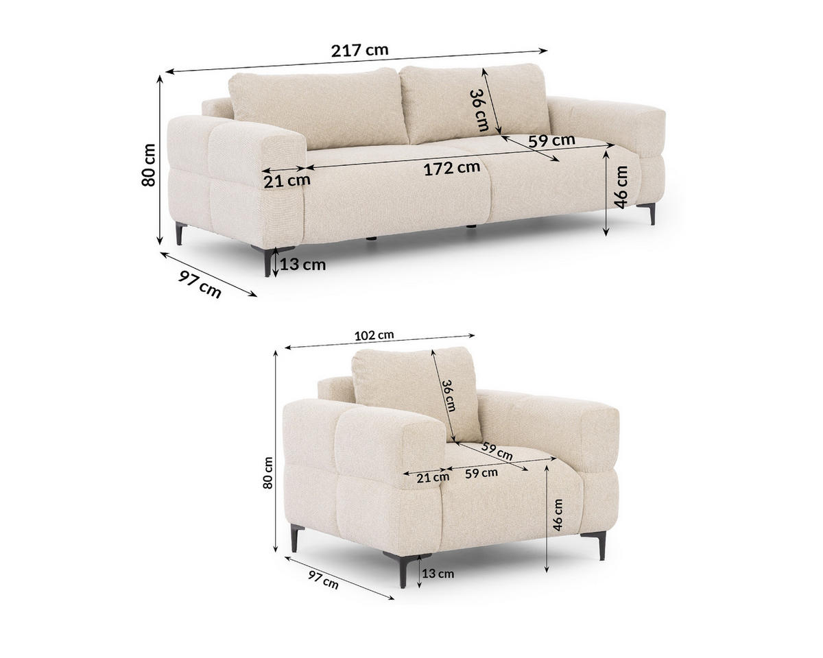 SITZGARNITUR 3+1 Cardea in Bubble-Optik aus weichem Hellbeige Strukturstoff mit hohem Sitzkomfort - Beige/Schwarz, Holz/Textil (217/80/97cm) - S-Style Möbel