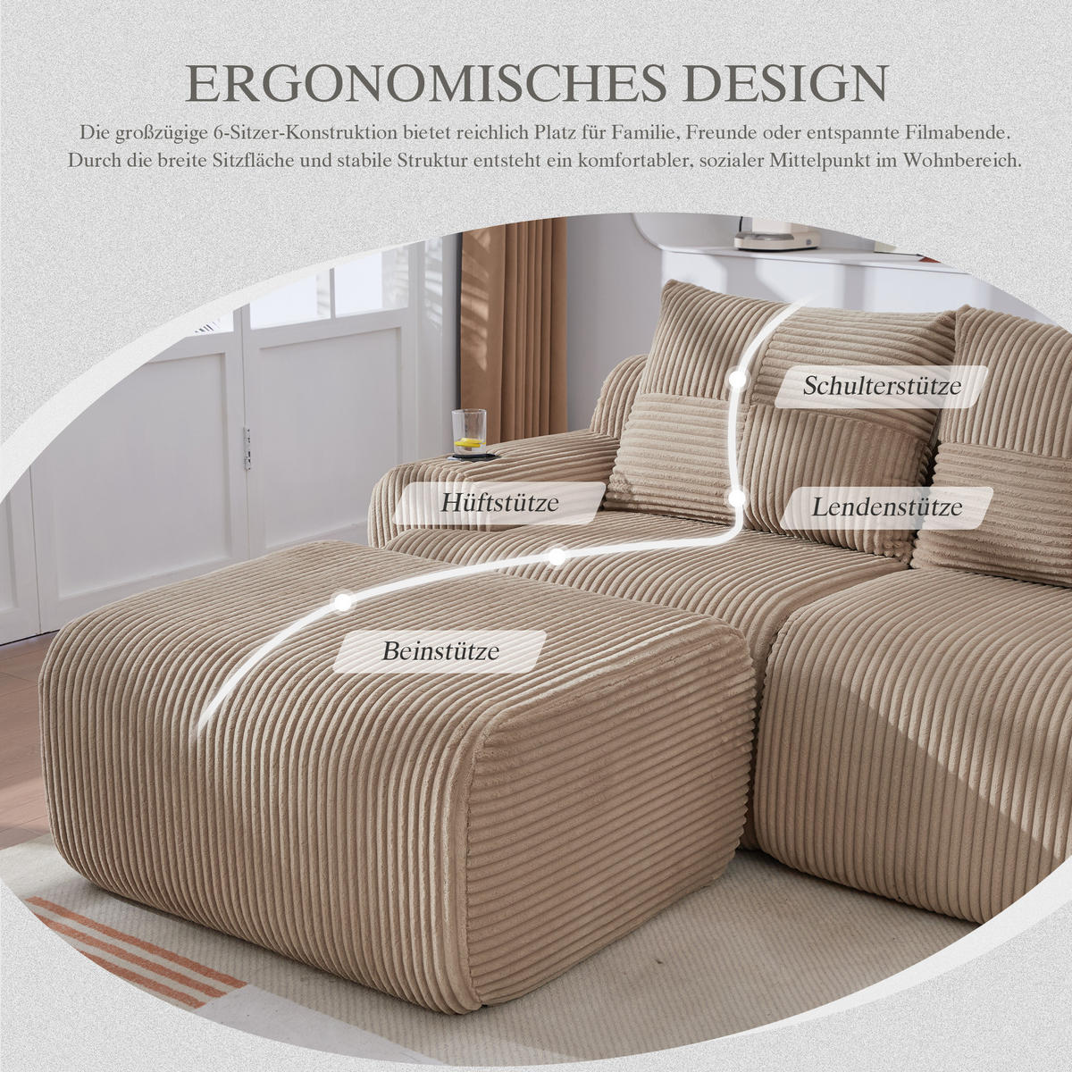 MODULARES 3-Sitzer Sofa Cordstoff mit Hocker Getränkehalter und Seitentasche 268/174/80 cm Sandfarben - Sandfarben, Textil (174/268cm) - Redom