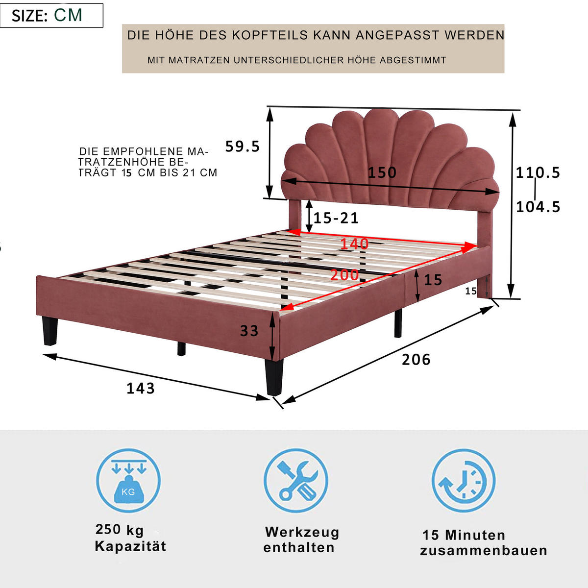 POLSTERBETT 140/200 cm Bohnenrot mit blumenförmigem Kopfteil und Lattenrost - Dunkelrosa, Textil (140/200cm) - OKWISH