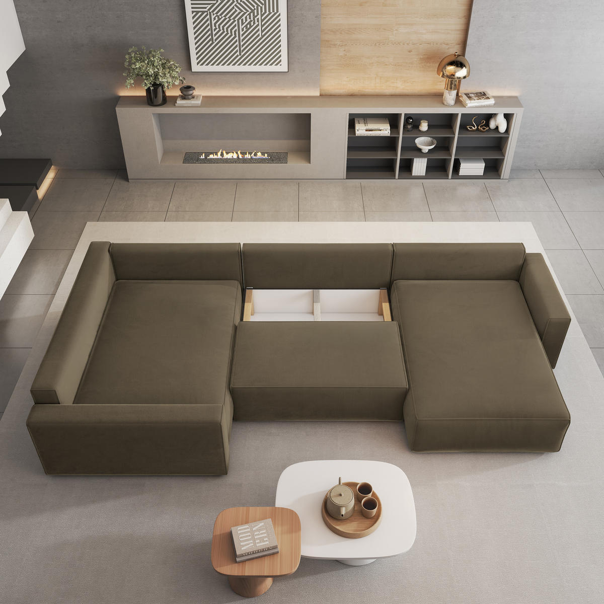 WOHNLANDSCHAFT VELAMI L-S Beige Velours-Stoff mit Schlaffunktion - Beige, Holz (365/83/194cm) - MASSENO