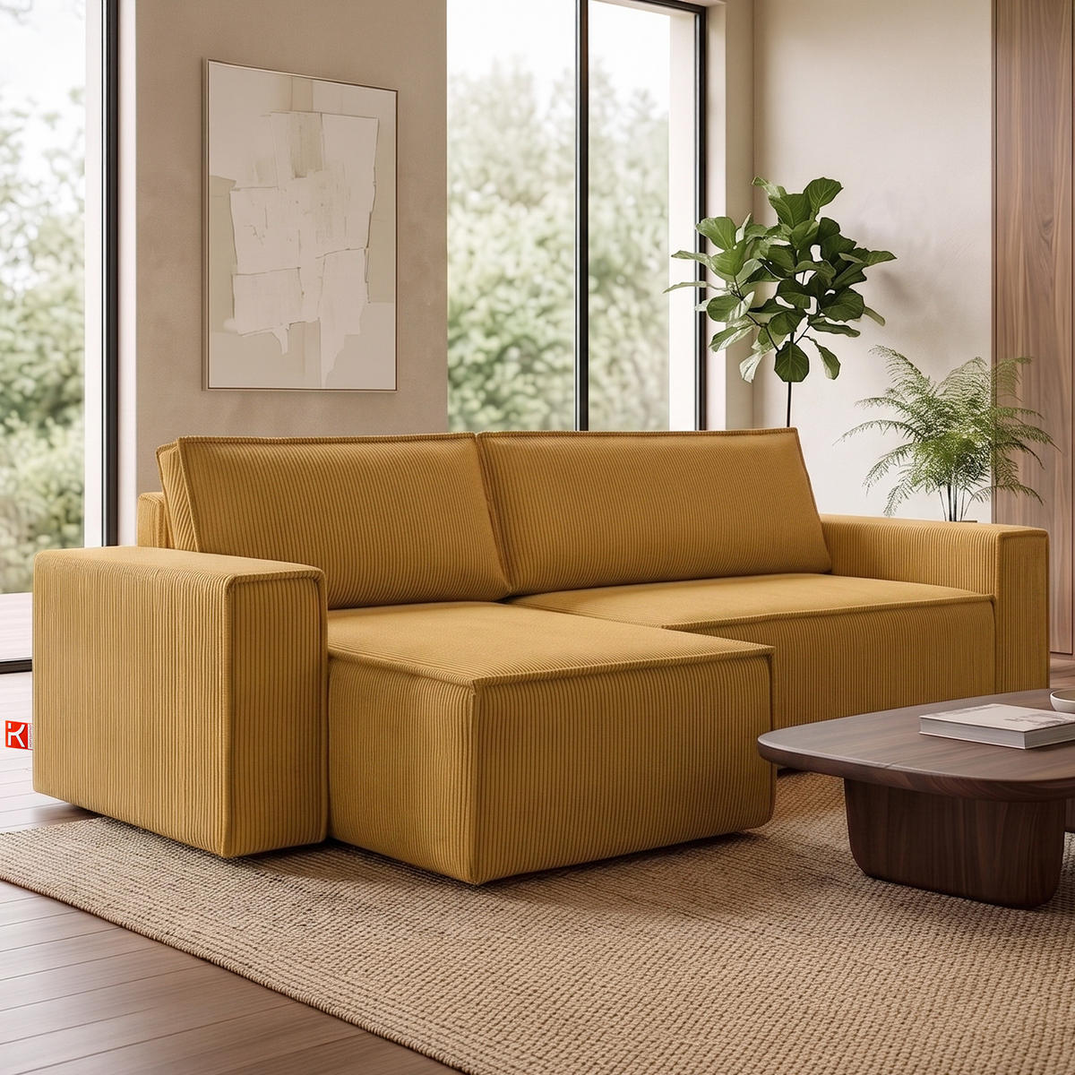 ECKSOFA-LINKS/RECHTS NAPI Schlaffunktion mit Cordbezug, Gelb - Gelb/Schwarz, Textil (262/148cm) - KONSIMO®