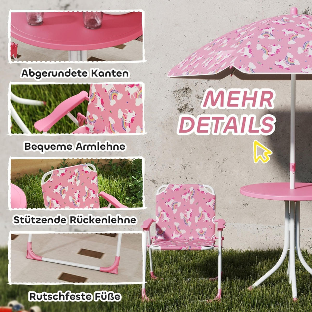 KINDER-GARTENMÖBEL 4-tlg Kindersitzgruppe Rosa mit Sonnenschirm Kindertisch und 2 Klappstühle - Rosa, Textil - Raelunyi