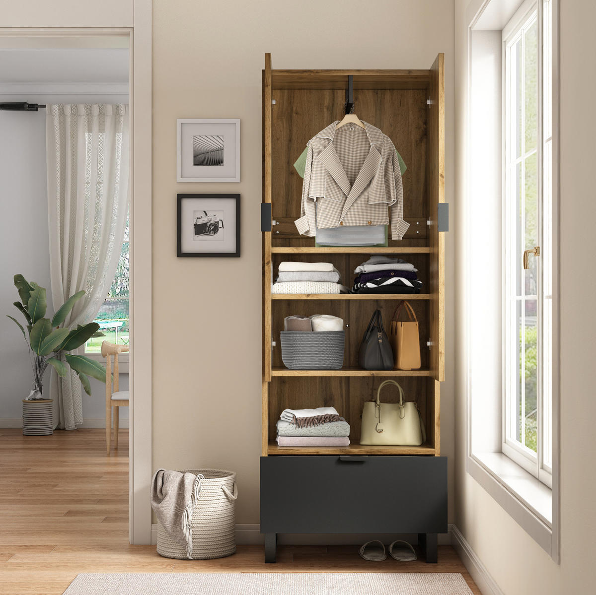DIELENGARDEROBE mit Kleiderstange und Schublade 65/38/180 cm in Eichefarben/Schwarz - Naturfarben, Holzwerkstoff (38/65/180cm) - BEAOK