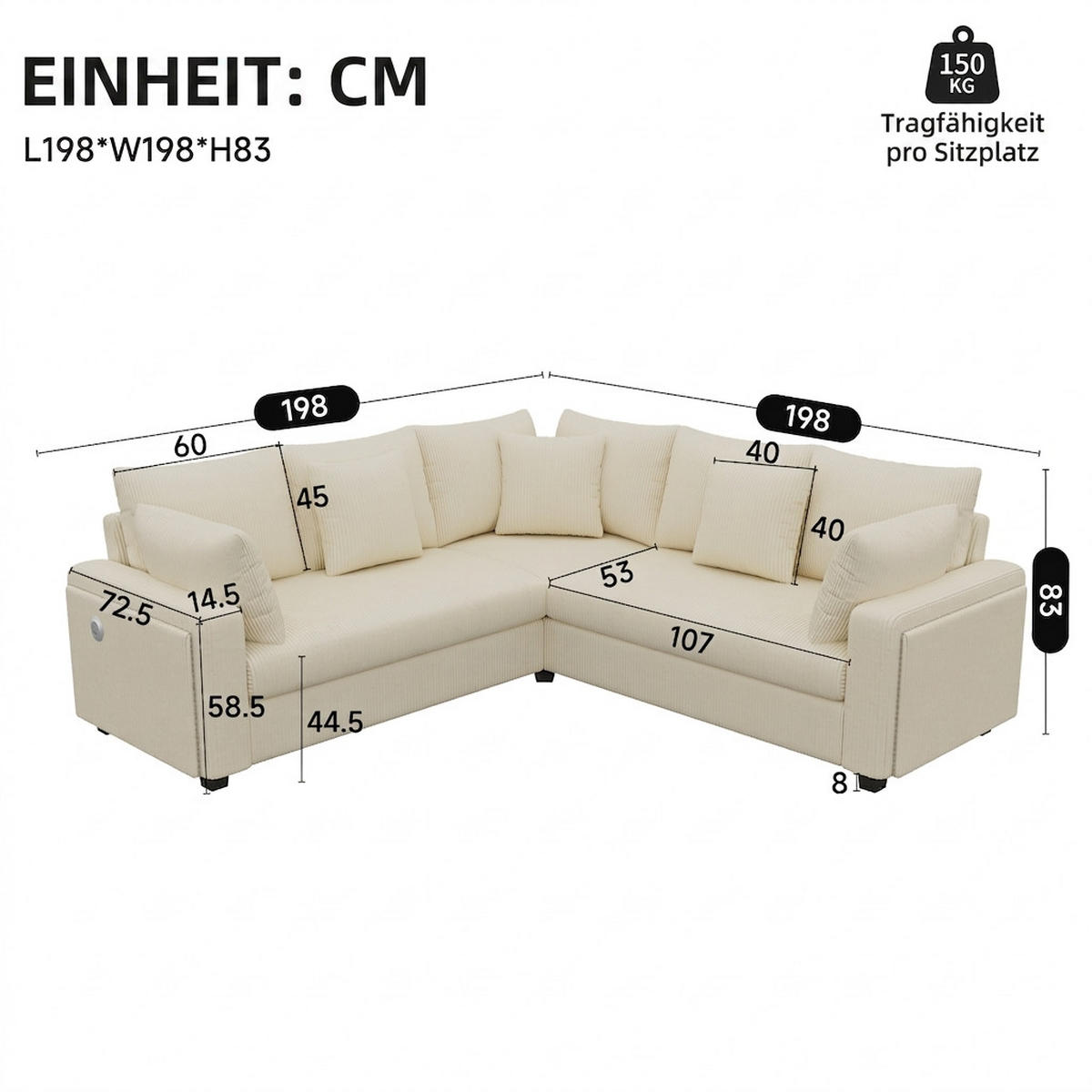 ECKSOFA 198/198/83 cm Beige mit LED‑Ambientebeleuchtung und USB‑Ladeanschluss - Beige, Holz/Textil (198/198cm) - Oxeza