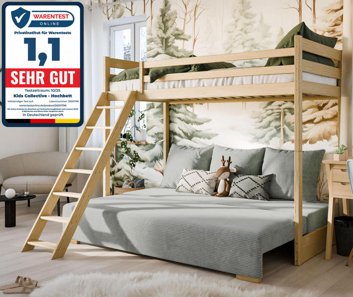 HOCHBETT mit Schlafsofa 200x140 cm in natur und salbeifarben - Salbeigrün/Naturfarben, Holz (140/200cm) - Kids Collective