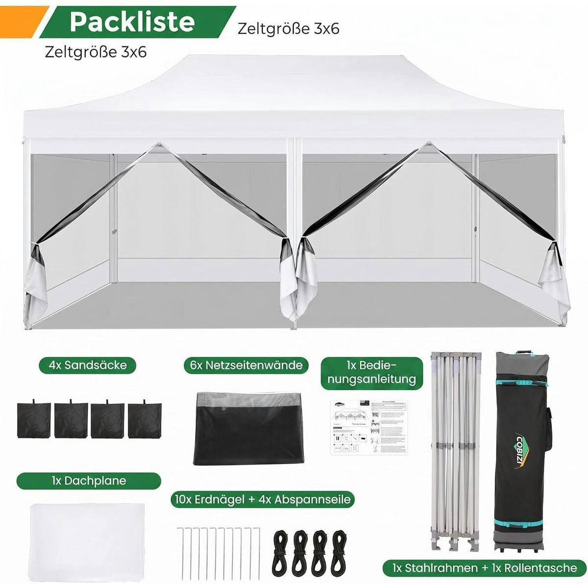 FALTPAVILLON 3x6m Wasserdicht mit 6 Seitenwänden Weiß - Weiß, Textil (300/335/600cm)