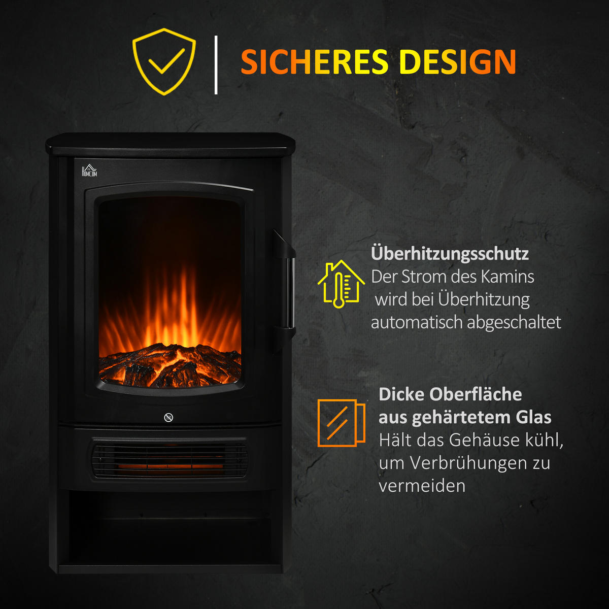 ELEKTROKAMIN, 1000/2000W, mit 2 Heizstufen, Stahl, Schwarz, 44,5 x 32 x 74 cm - Schwarz, Metall (32/74/44.5cm) - HOMCOM