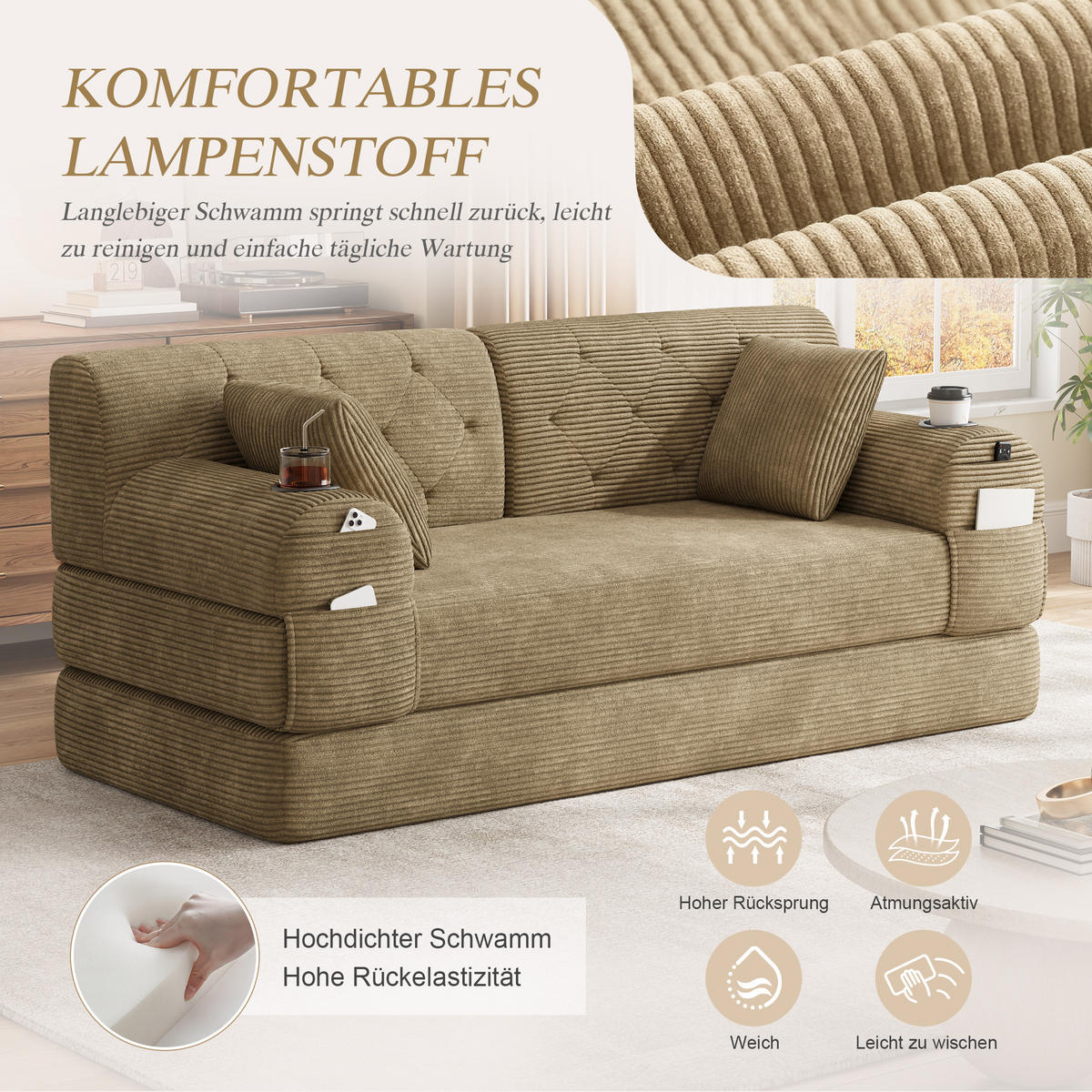 ROZKLÁDACÍ POHOVKA 2místná z manšestru, khaki - písková barva, textil (168/81/80cm) - Urban Meuble