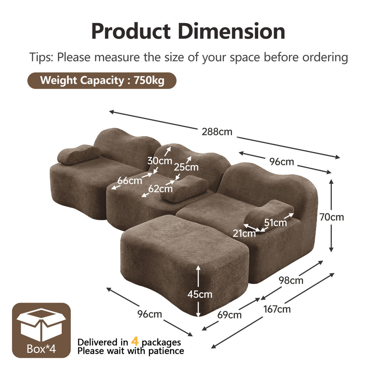 ECKSOFA 288/167/70 cm braun aus Samt mit modularer Ottomane und tiefer Sitzfläche - Braun, Textil (167/288cm) - OKWISH