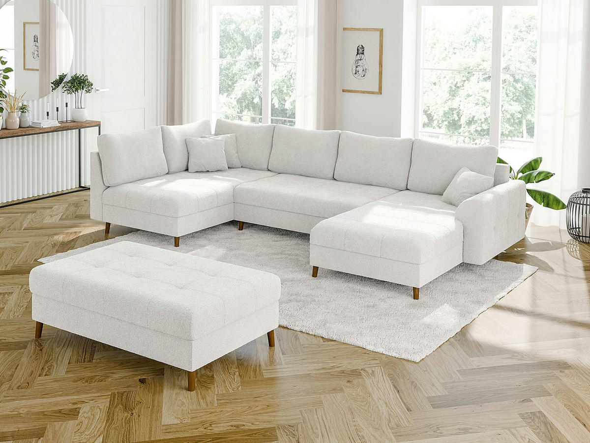 WOHNLANDSCHAFT inkl. Hocker Henrik Weiß Boucle - Weiß/Braun, Holz/Textil (310/81/161cm) - S-Style Möbel
