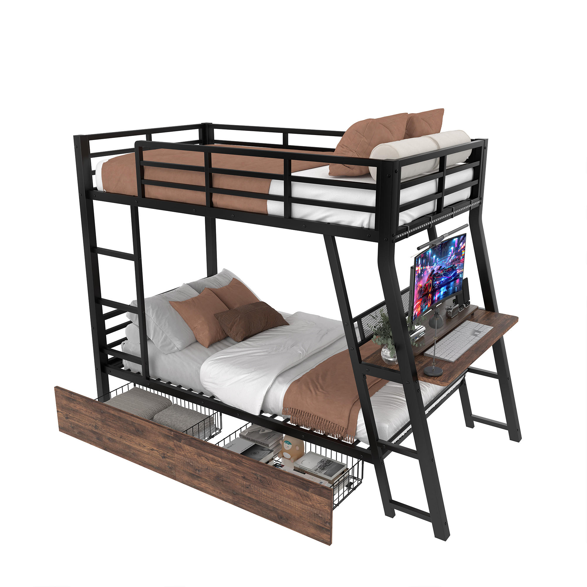 HOCHBETT 90x200cm Schwarz Metall LED-Leiste Schubladen Schreibtisch - Schwarz, Metall (90/200cm) - FLIEKS