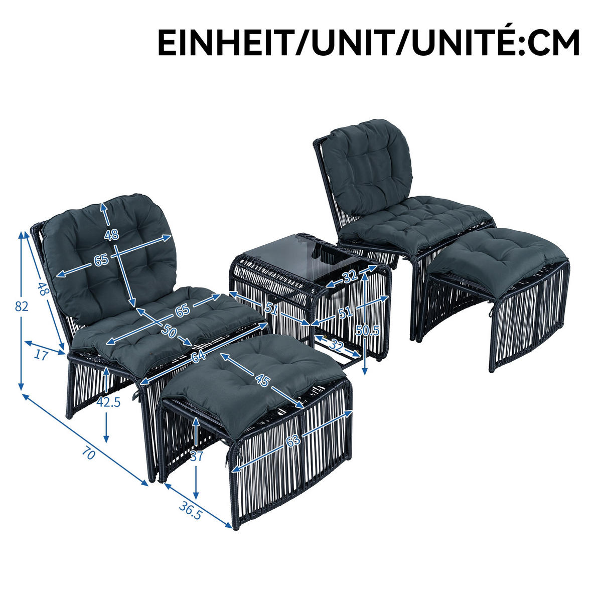 BALKONSET Gartenlounge-Set, 5-teilig, PE-Rattan, Schwarz+Dunkelblau - Schwarz, Metall - LVHOM
