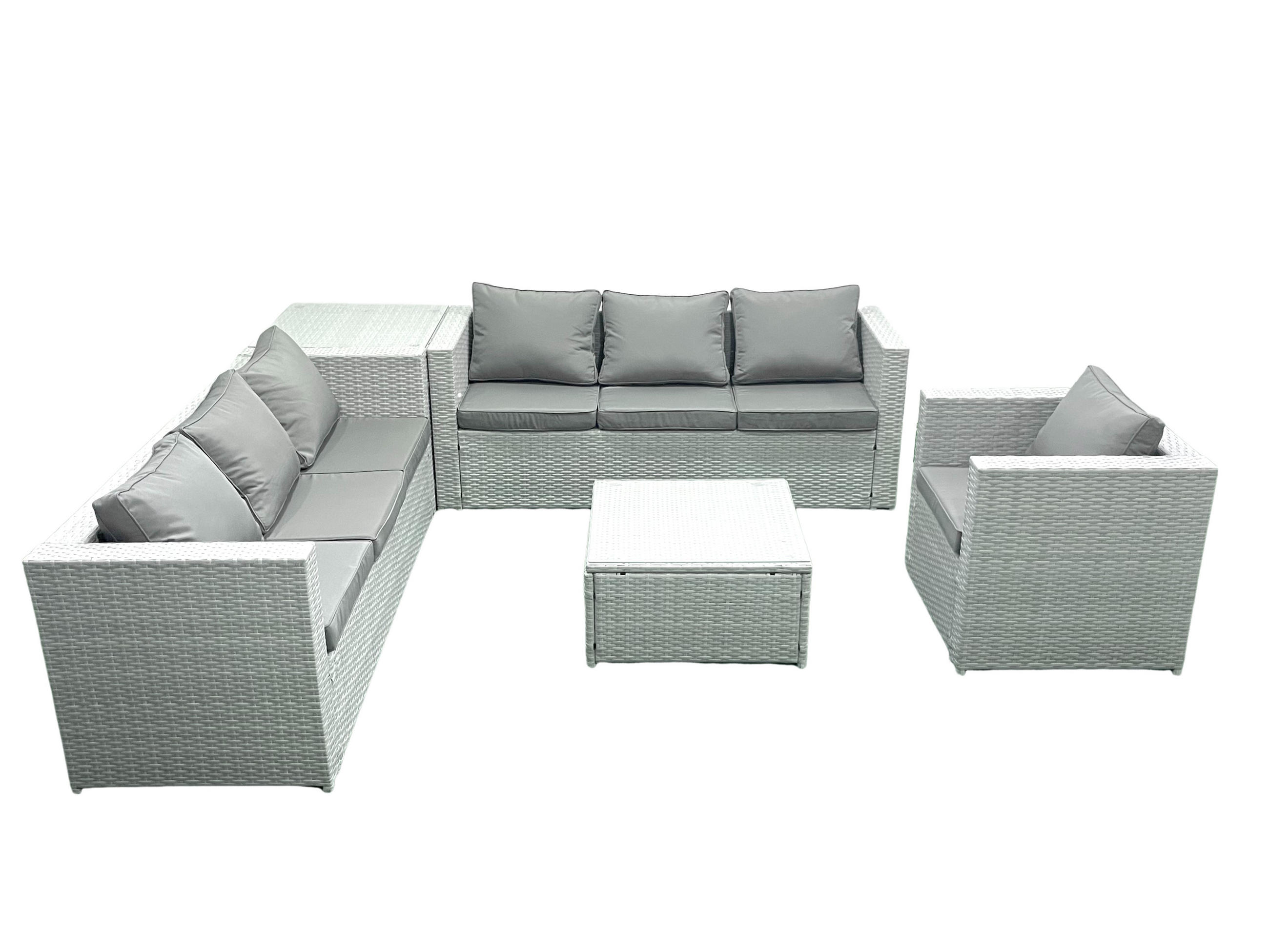 GARTENMÖBEL-SET mit Kissen Polyrattan Hellgrau-Mix 7-Sitzer - Hellgrau/Grau, Glas/Kunststoff - Fimous