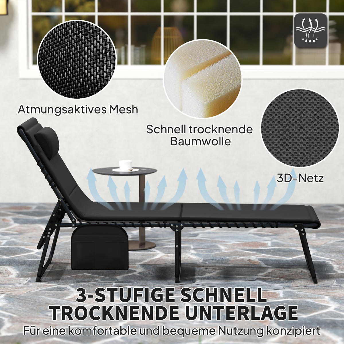 SONNENLIEGEN-SET 2 TLG. mit Kopfkissen Schwarz - Schwarz, Textil/Metall (68/36/189cm) - Outsunny