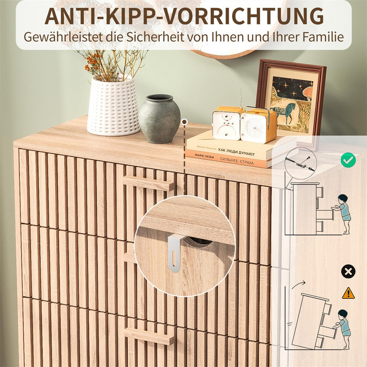KOMMODE mit 4 Schubladen - gerillte Fronten und konische Beine - für Wohnzimmer und Schlafzimmer - Eichefarben, Holzwerkstoff (60/91/34cm) - DELFA