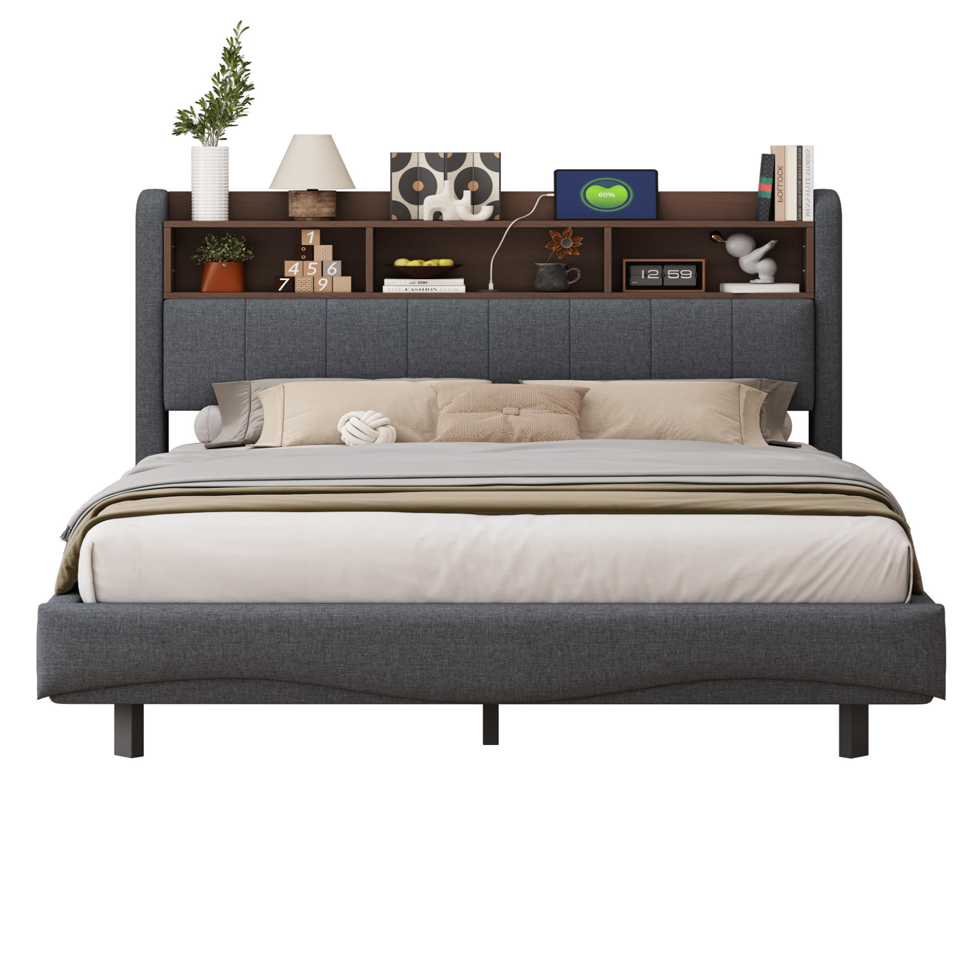 POLSTERBETT 160/200 cm grau aus Stoff mit LED-Beleuchtung - Grau, Textil (160/200cm) - OKMYHOME