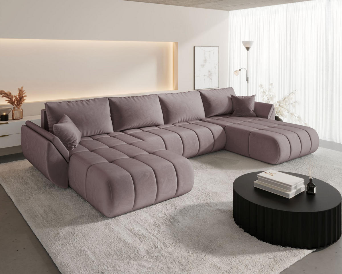WOHNLANDSCHAFT SYDNEY PREMIUM U-Form dunkelrosa Velours Monolith 62 - Schlaffunktion, Bettkasten - Pink, Textil (385/85/175cm) - Cornero