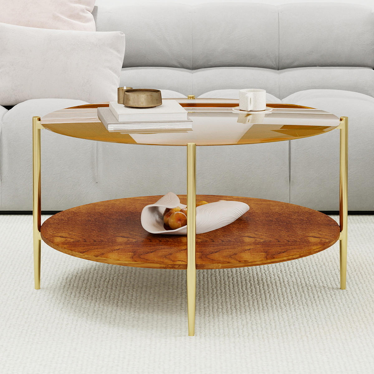 COUCHTISCH DE-37287 rund mit Goldglasplatte und zweistufigem Design Gold - Goldfarben, Metall (82/82/45cm) - ComfortXL