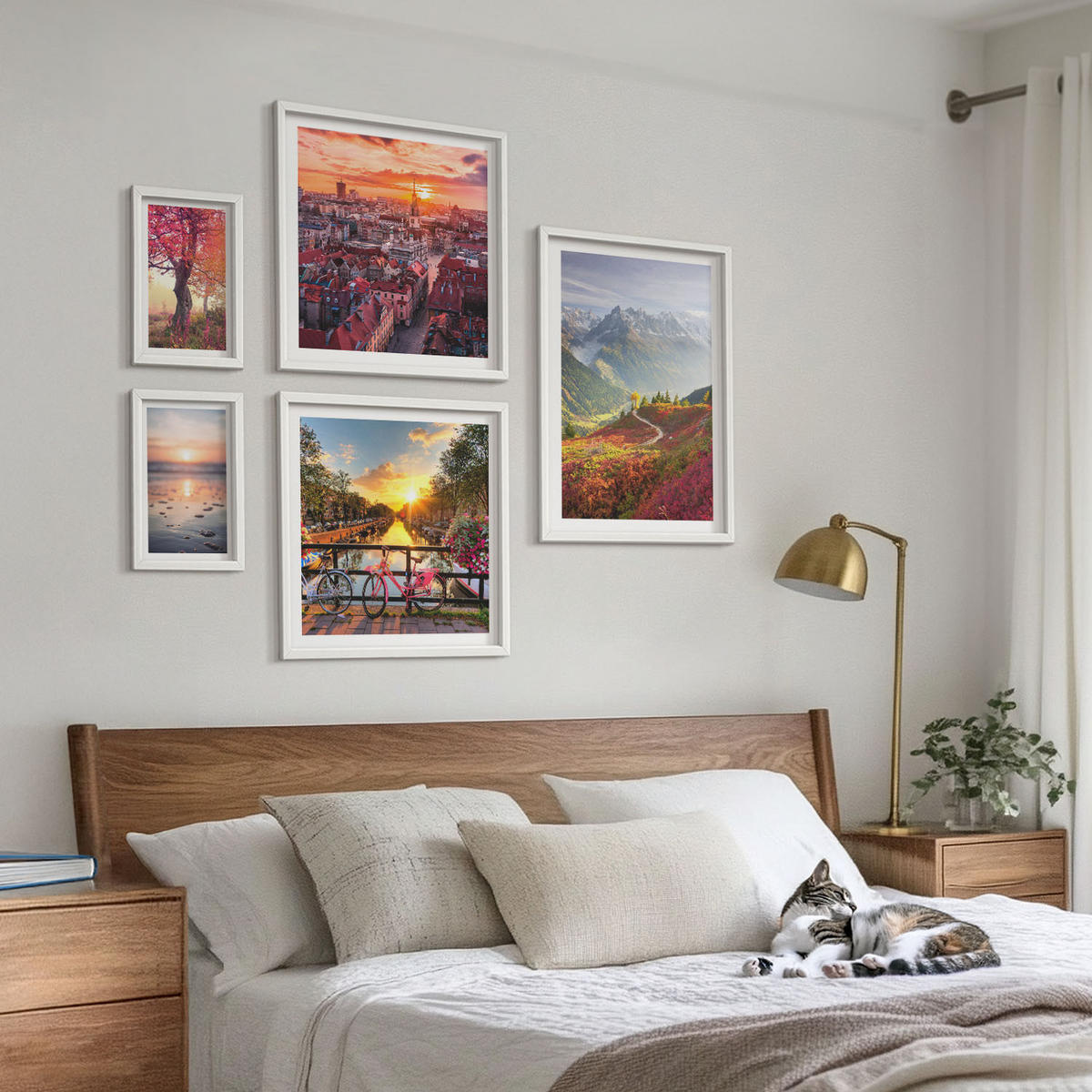 BILDER SET 5er Set - 50x50 cm & 20x30 cm & 40x60 cm Weißer Rahmen - Einfache Zeichnungen von Stadtansichten - Weiß, Kunststoff (40/60cm) - TULUP