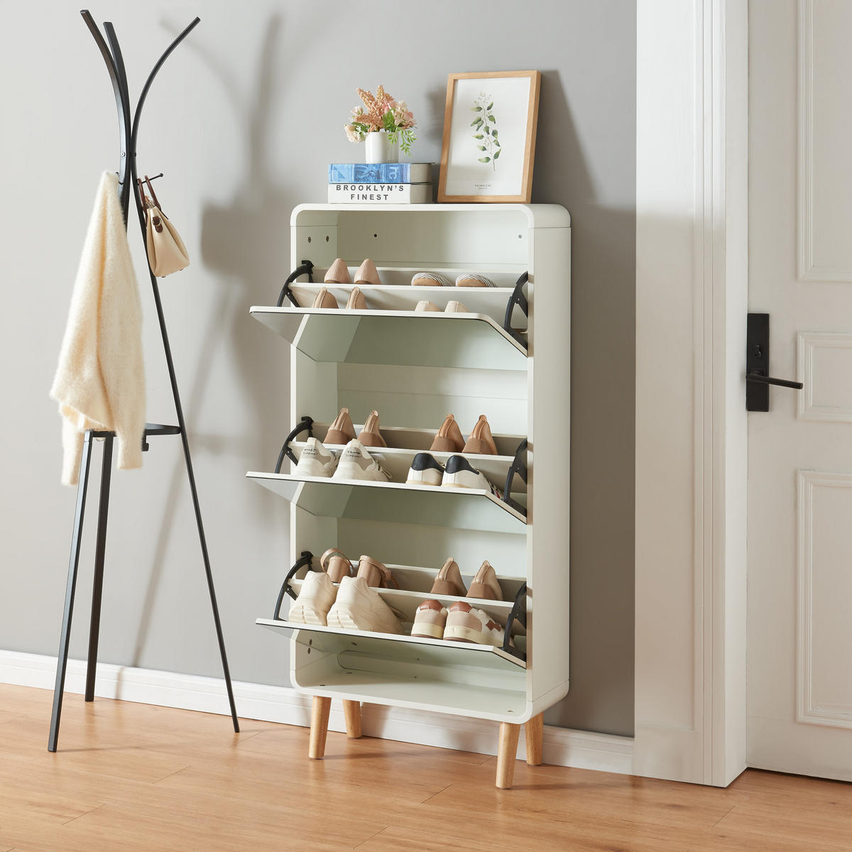 SCHUHKIPPER Aure - Weiß, Glas/Holz (63/134/23.5cm) - [en.casa]