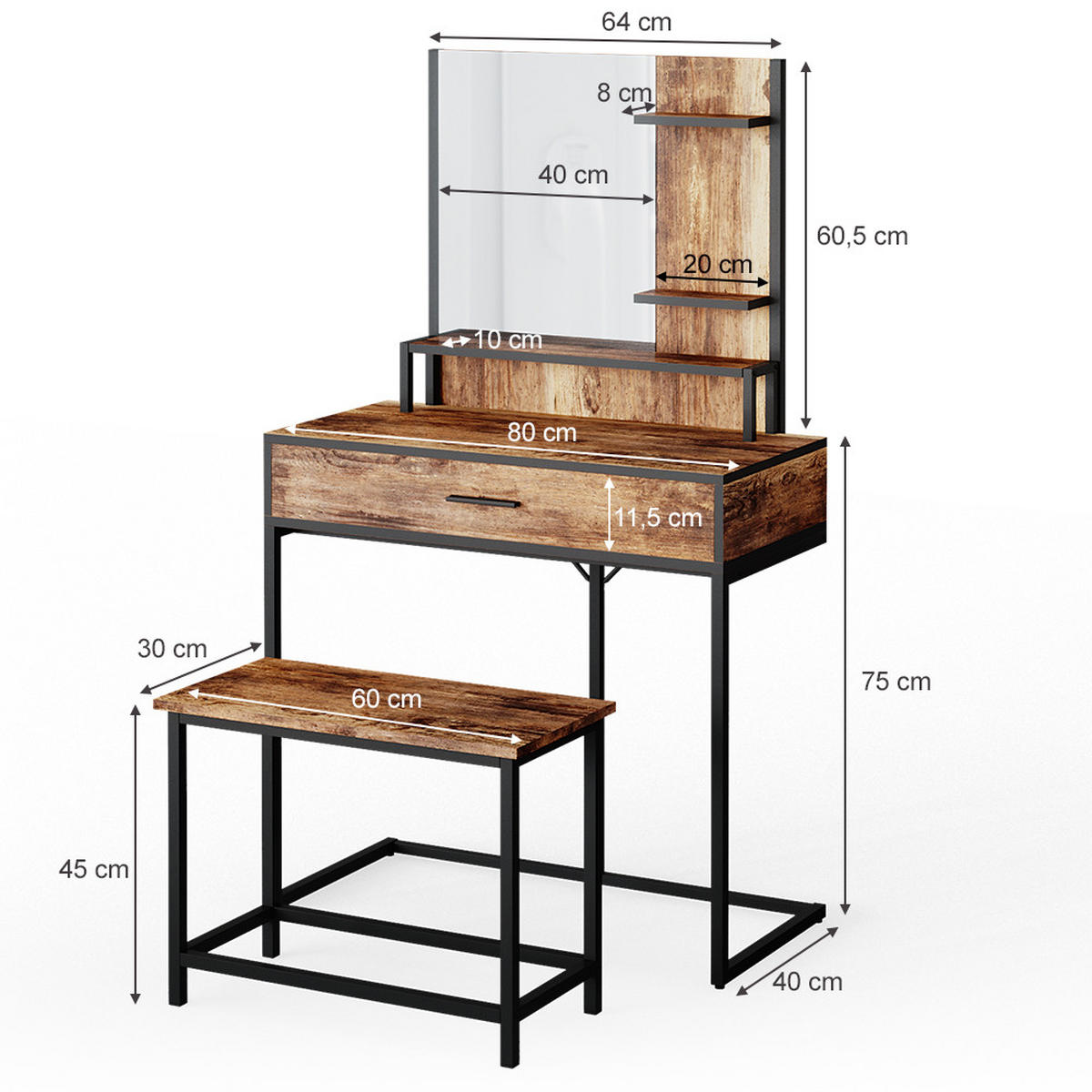 SCHMINKTISCH Fyrk Antikholz 80 cm mit Stuhl - Alteiche/Schwarz, Holzwerkstoff (80/135.5/40cm) - Vicco