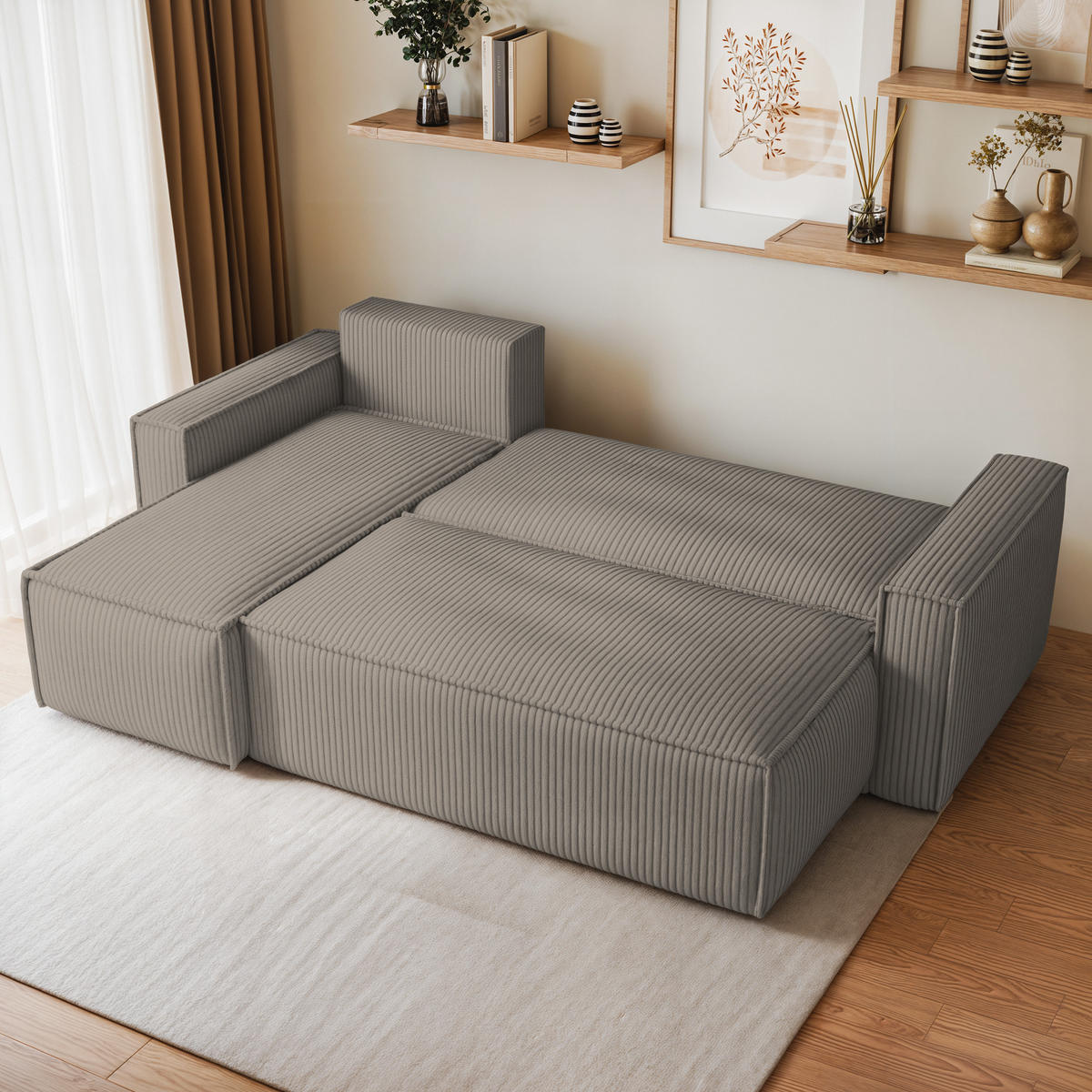 ECKSOFA RAVELO P Beige Kordstoff mit Schlaffunktion - Beige, Holz (240/140cm) - MASSENO