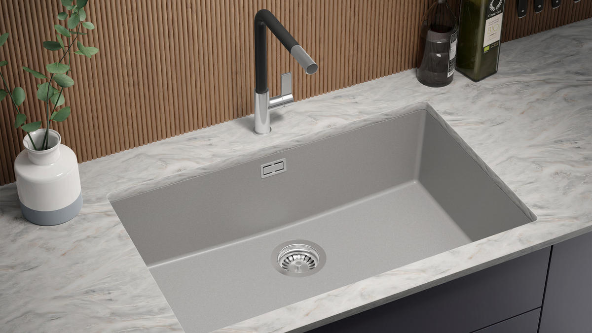 UNTERBAUSPÜLE GRANIT London, 2-er set Grau 76/47 cm 1 Becken + Küchenarmatur 40/20 cm + Ablauf-Set ab 80er Unterschrank - Grau, Kunststoff (76/20/47cm) - Primagran