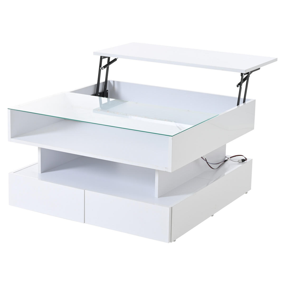 COUCHTISCH 80x80x45 cm Weiß LED 2 Schubladen Stauraum Glas - Weiß, Holzwerkstoff (80/80/45cm)