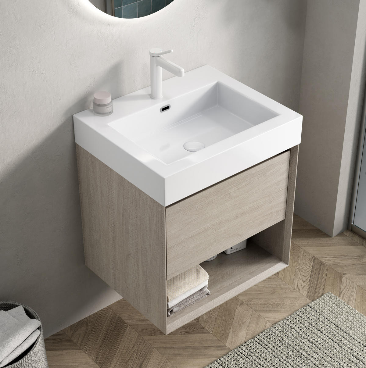 WASCHTISCHKOMBI 55 cm Eiche hell/Weiß aus Resin mit Soft-Close und Vormontage - Creme, Kunststoff (55/60/46cm) - OKMYHOME