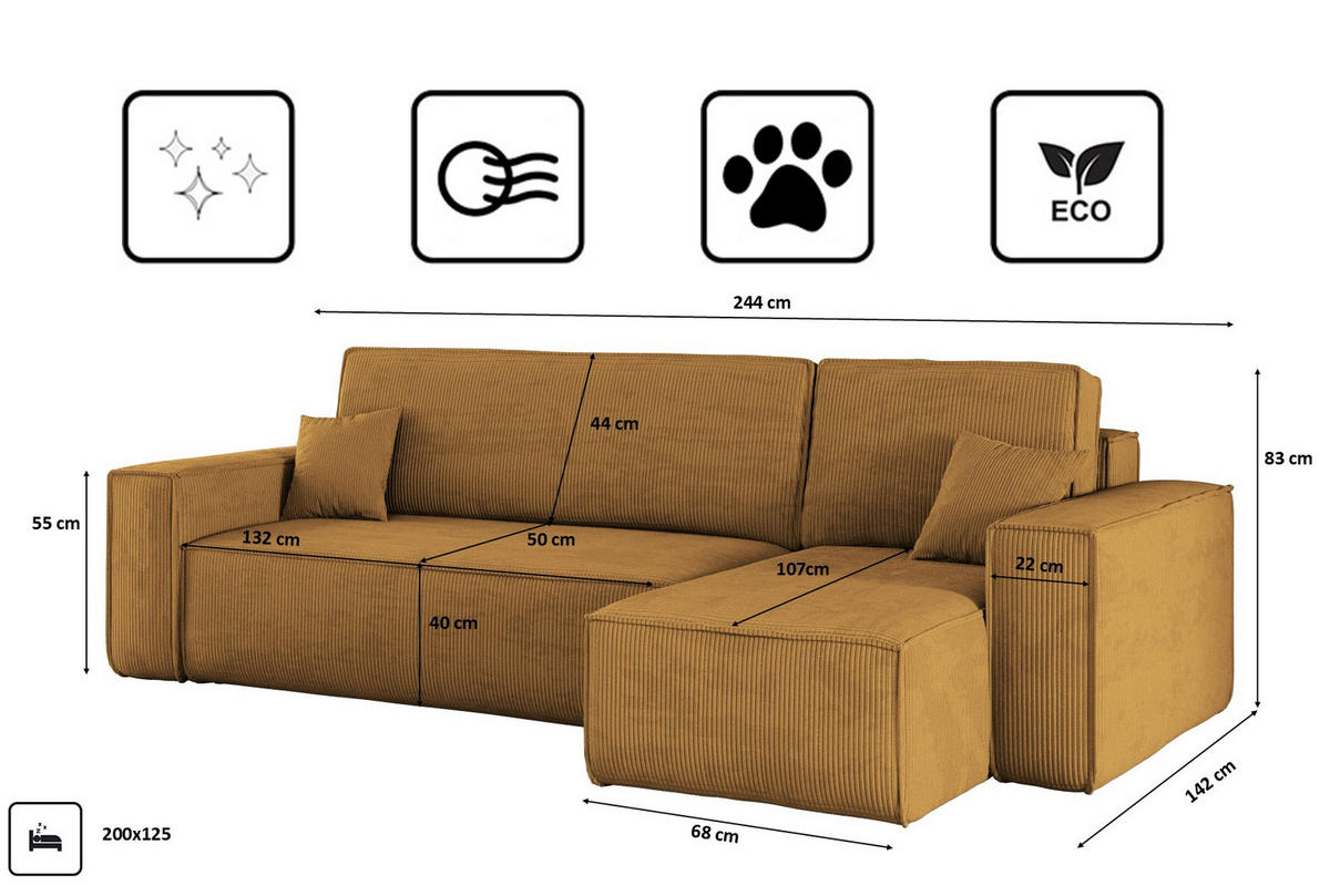 ECKSOFA Mit Schlaffunktion Und Bettkasten BEST Stoff Poso Dicker Cord Senffarbe Rechts - Gelb, Holz/Textil (244/142cm) - Kaiser Möbel