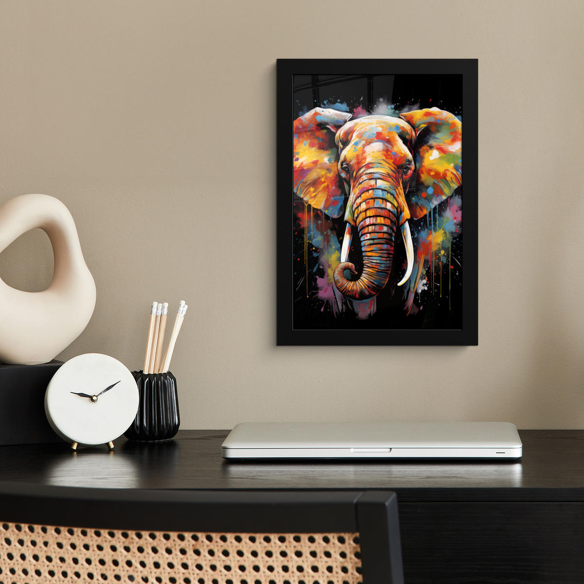 GERAHMTES BILD Elefant - Graffiti - Schwarz - Tiere - Farben 20x30 cm - Schwarz, Papier (20/30cm) - MuchoWow