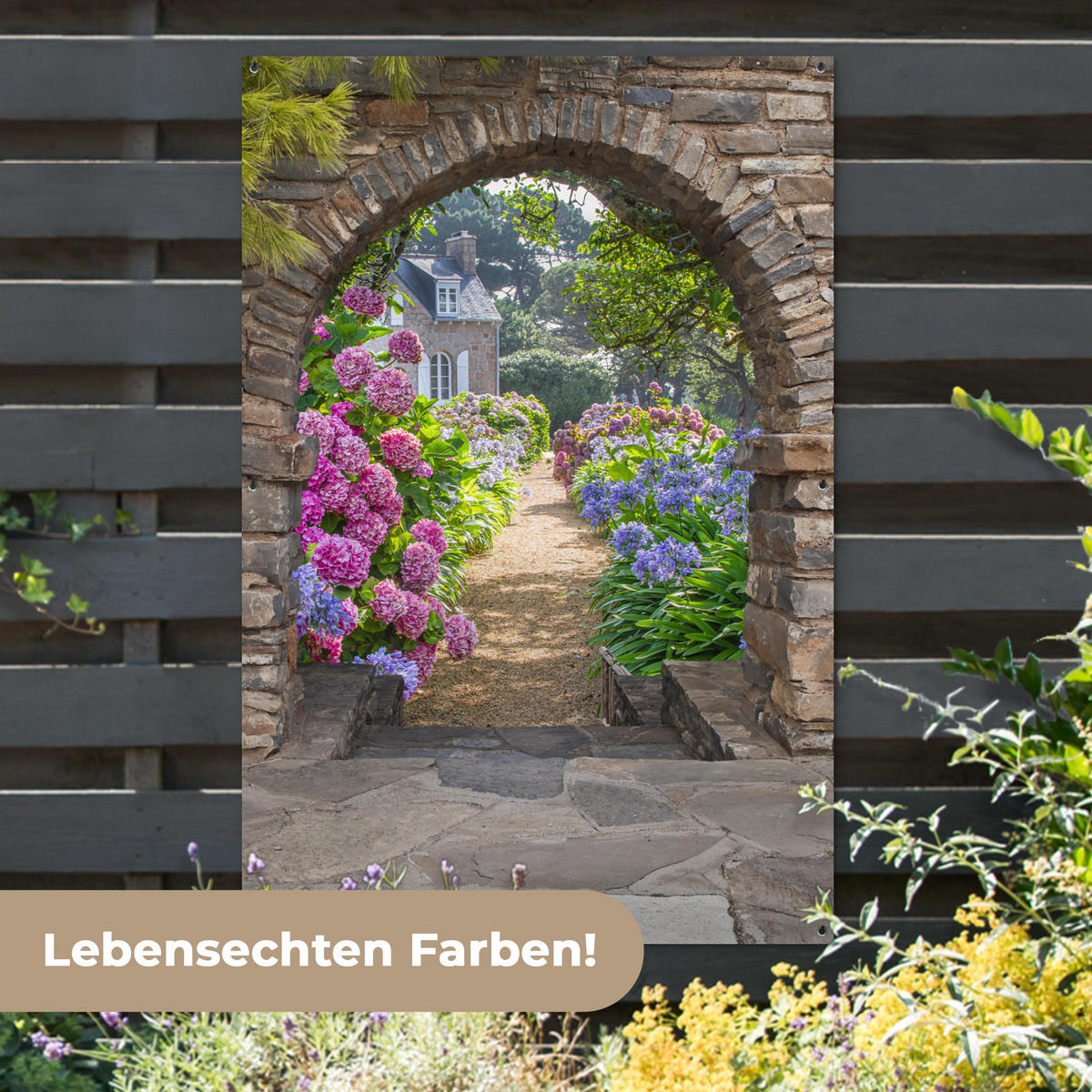 ZAHRADNÍ PLAKÁT Květiny - pohled - hortenzie - léto 120x180 cm - hnědá, plast (120/180/0.2cm) - OnlyWow