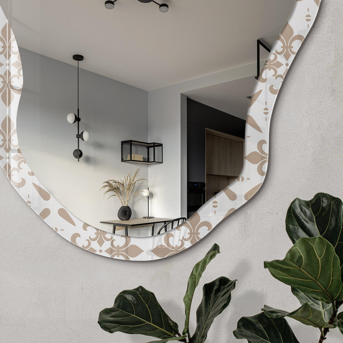 SPIEGEL 90x45 cm asymmetrisch mit Druck - Beigefarbener Ornament - Transparent, Glas (45/90/0.4cm) - TULUP