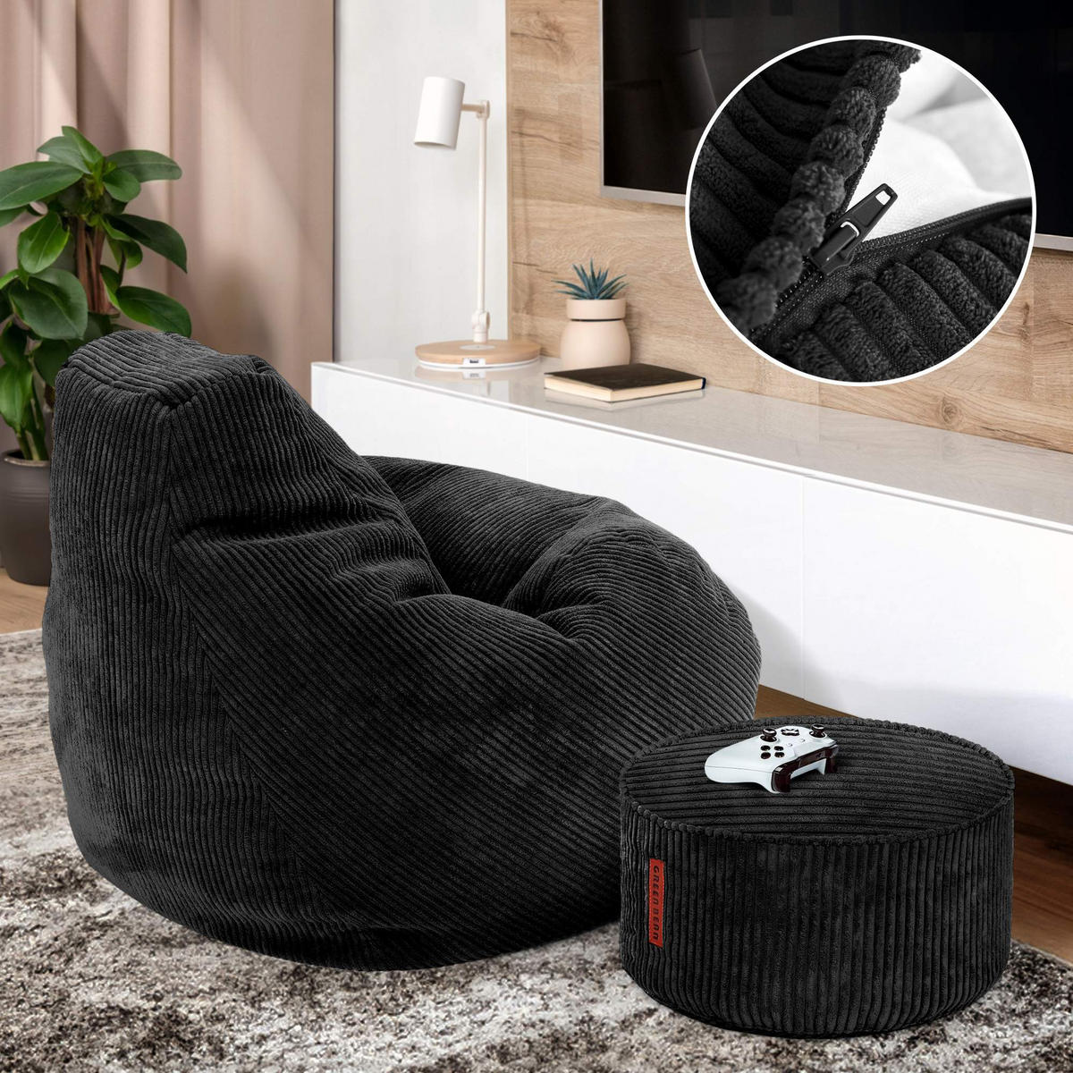LOUNGE-SITZSACK Cozy + Fußhocker - Schwarz, Textil (80/90/90cm) - Green Bean
