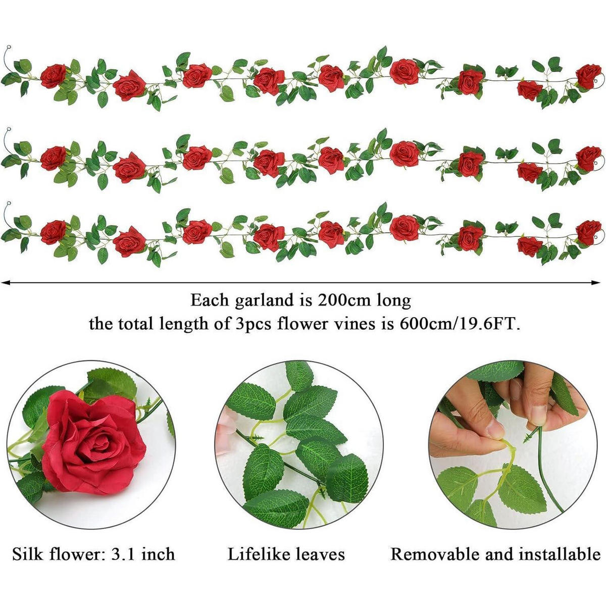 KÜNSTLICHE Blumengirlande 3-teiliges Set Rote Rosen 6 m - Rot, Kunststoff (10cm)