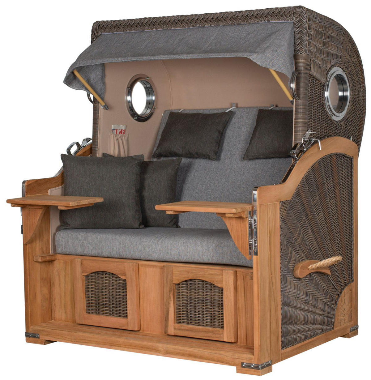 STRANDKORB Komplettset: Ammersee Grande XL Teak Bullauge - PE grau - Modell 570 - Anthrazit/Grau, Holz/Kunststoff (142/165/95cm) - bene living