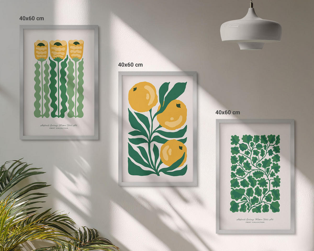 WANDBILDER 3er Set - 40x60 cm Silberner Rahmen - Pflanzenmuster Blüten Blätter - Silberfarben, Kunststoff (40/60cm) - ArtPrintCave