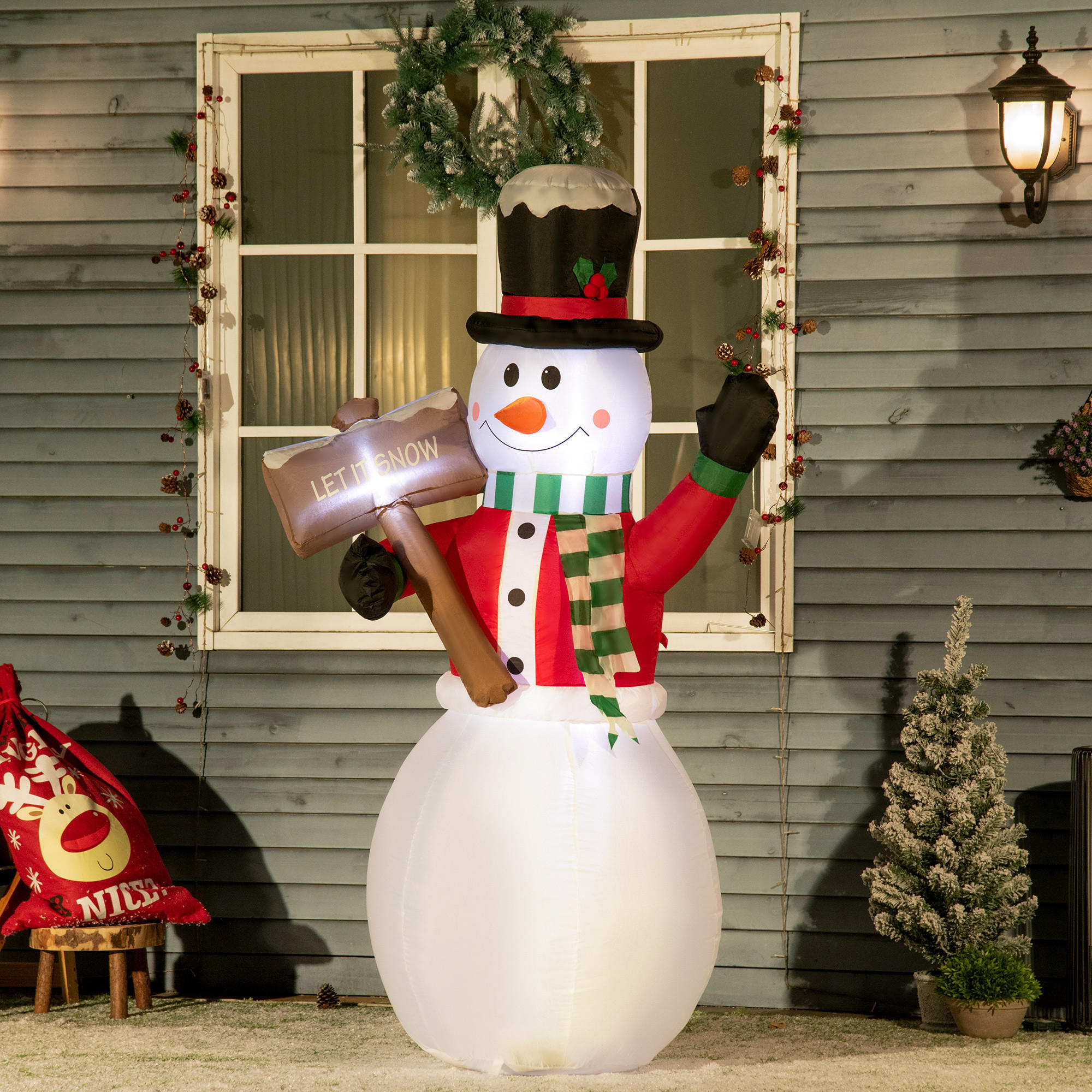 180 cm Aufblasbarer Schneemann mit Schild Weihnachtsdekoration mit LED-Licht - Weiß, Kunststoff (70/180/103cm) - Outsunny