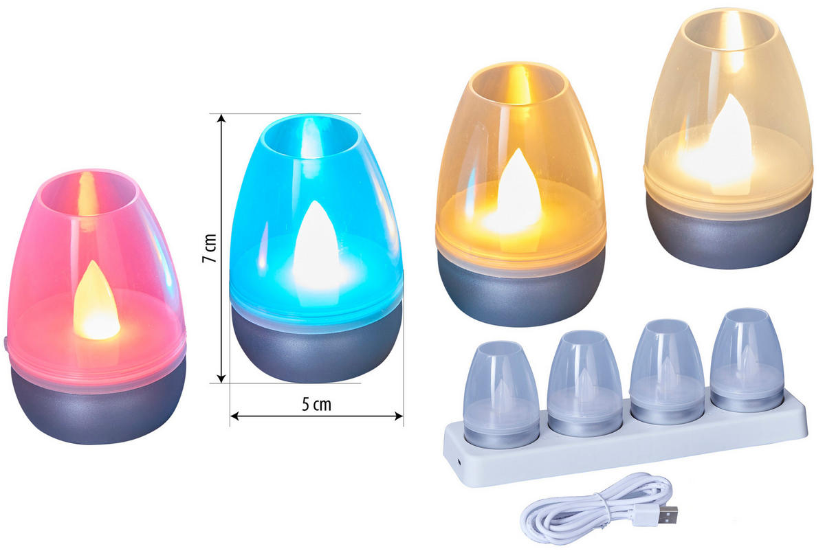 LED-AKKU-LOUNGE-LICHTER 4er-Set mit Touchsensor Kabellos für Innen und Außen RGBW Flackereffekt Silber Transparent- - Silberfarben, Kunststoff (5/5/7cm) - Northpoint