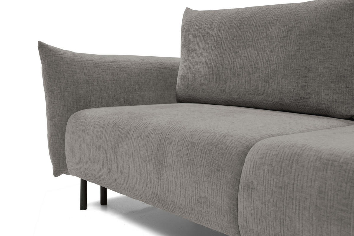 SOFA ADEL - Schlaffunktion Und Bettkasten, Wellenfederung, PUR-Schaum, Schwarze Metallfüße lose Rückenkissen, freistehend, 240x108x75 cm Light grey - Hellgrau, Holz/Textil (240/75/108cm) - DomoHome
