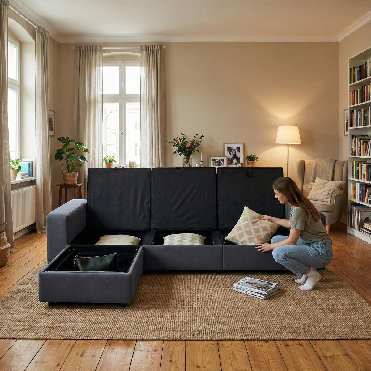 ECKSOFA 245.5/150.5/86.5 cm Dunkelgrau mit Stauraum und Ottomane - Dunkelgrau, Textil (245.5/150.5cm) - Oxeza